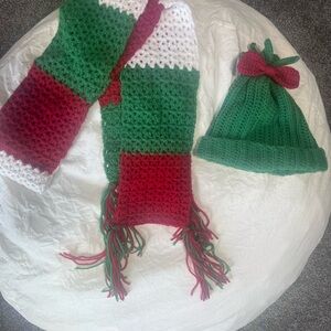 Handmade Kids Green & Red Knit Hat and Scarf Set